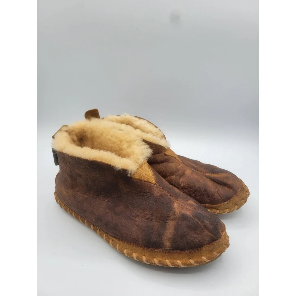 LL Bean Wicked Good Shearling Moccasin Slippers Brown Leather Mens 8 M